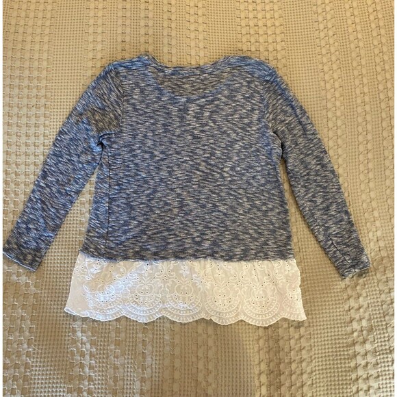 RXB Top Sz Large Blue & White Distressed Wide Eyelet Lace Hem + Stretch Pullover - Picture 6 of 8